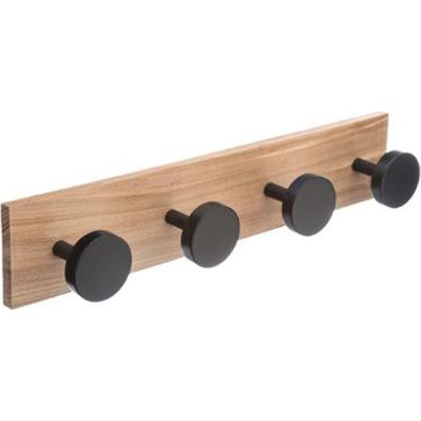 Patère murale 4 crochets bois noir 40cm, porte-manteau design à visser pour entrée, support solide en teck et bois dur (1/2)