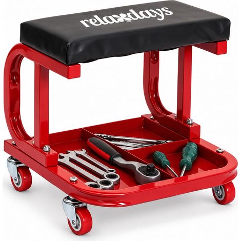 Relaxdays Workshop Stool, Rolling, with Shelf, 4 Castors, 100 kg, HWD: 35 x 36 x 35.5 cm, Steel, Black-Red (1/5)