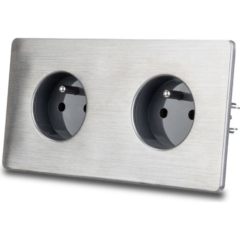 Double prise électrique en acier brossé gris (1/5)