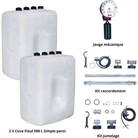 Roth – Pack de 2 cuves fioul 500 L en polyéthylène – Jauge mécanique verticale – Kit de jumelage et raccordement n°5 inclus – Installation rapide et conforme