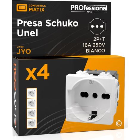 Prise électrique Schuko Unel 16 A 250 V compatible avec BTicino Matix prise italienne 2 P+T Bipasso Bivalente 10/16 A fruits électriques Couleur blanche - Lot de 4 (1/5)
