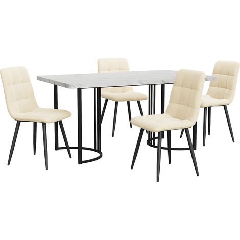 Ensemble salle à manger 5 pièces avec table 140x80 cm plateau MDF effet marbre et 4 chaises en velours beige pieds métal noirs (1/5)