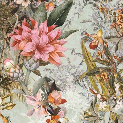 Flowers wallcovering wall Profhome 381771 smooth non-woven non-textured wallpaper with floral ornaments matt green pink yellow olive grey 5.33 m2 (1/5)