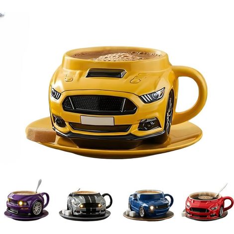 Kreativer, doppelwandiger Edelstahl-Kaffeebecher in Autoform, robust, handgefertigt, für Auto, Büro, Wasser, Untersetzer nicht enthalten, gelb