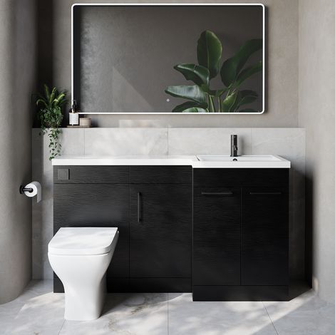 Napoli 390 Nero Oak 1500mm 3 Door Vanity Unit Toilet Suite with Right Hand Square Lucia Basin - 1500mm - Matt Black 160mm HandleWith Kingston Toilet Pan and Seat