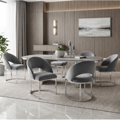 Lot de 2 chaises de salle à manger en velours gris avec pieds métalliques argentés, design moderne et confortable pour salon, cuisine ou restaurant  CHICFURN (1/5)