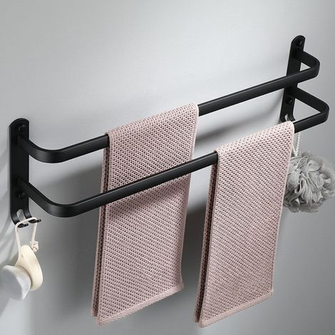 Porte-serviettes mural en aluminium - 2 étages - Avec crochets - 30 cm - Étanche - Noir - Pour salle de bain, cuisine, salle de bain (1/4)
