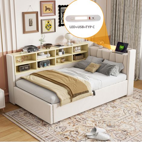 Cama tapizada 90/200 cm beige de terciopelo con almacenaje hidráulico, USB y estantes (1/5)