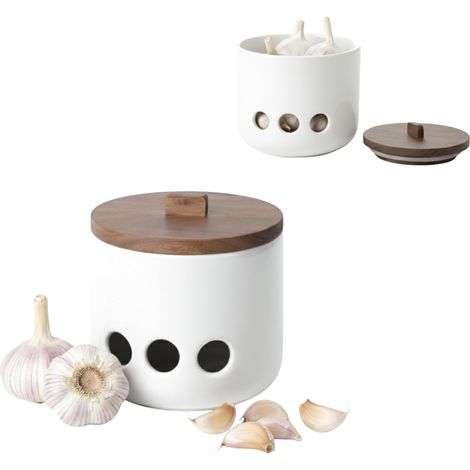 1 - Pot à Ail - Boîte de Conservation - Céramique et Acacia - Ventilation Anti-Humidité - Cuisine Blanc 11.5x12 cm (1/5)