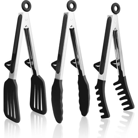 Pinces de cuisine en acier inoxydable, pinces de cuisine en silicone, pinces à griller, pinces alimentaires, pinces à spaghetti, pinces à pâtes, noires (1/5)