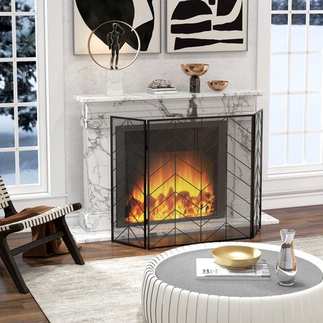 Pantalla para chimenea, elegante atrapachispas, plegable, revestida, negra, 135 x 85 cm (1/5)