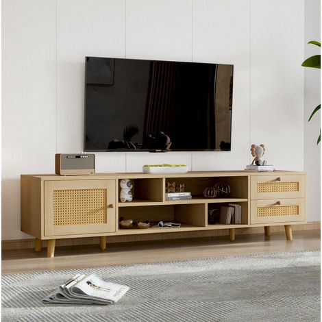 Mobile TV 160x39x40.5 cm rovere in pannello truciolare e rattan con 2 cassetti, 1 anta e passacavi (1/5)