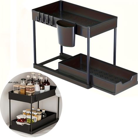 Organiseur sous évier à 2 niveaux avec tiroir coulissant et crochets, rangement de cuisine en plastique, organiseur d'armoire, organiseur sous évier (1/5)