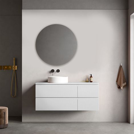 Mobile bagno sospeso cannettato reversibile 120 cm Bianco Opaco per Lavabo d'appoggio Specchio Tondo - Fiji Paint Top Canneté (1/4)