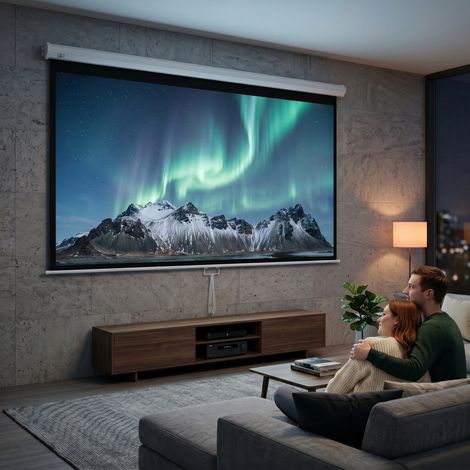 Écran de projection format cinéma 16:9 de 100 pouces résolution 4K HD pour TV et home cinéma, fixation possible sur mur ou plafond, grand format adapté pour salon spacieux (1/5)
