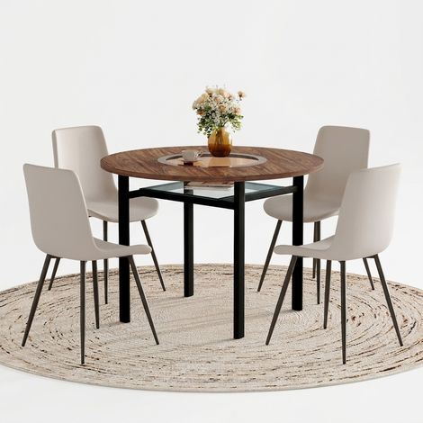 Ensemble table ronde et 2 chaises, table ronde 60 cm en MDF, pied central noir et assises en PU gris clair pour salon ou repas (1/5)