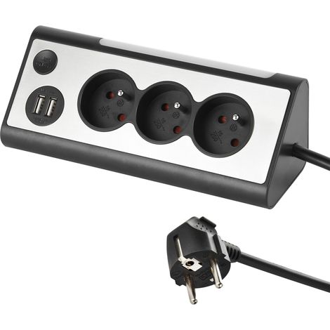 Electraline 35430, Bloc multiprises dâAngle, 3 Prises, 2 Ports USB Interrupteur on/Off pour éteindre/Allumer la LED, câble 1,5M, Gris/Noir