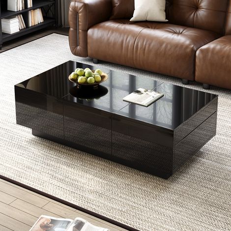 Modernluxe – Table basse extensible 100 x 31 x 50 cm – 2 tiroirs – Finition brillante – Panneaux de particules – Noir – Résistante et facile à nettoyer (1/5)