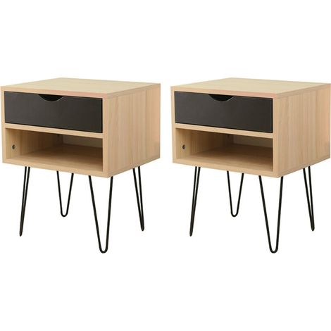 Lot de 2 tables de chevet 1 tiroir 1 étagère bois pied epingle (1/5)