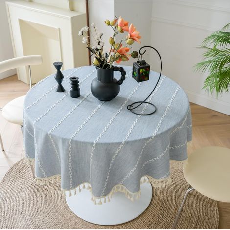 Nappe Ronde en Coton et Lin Dentelle à Pompons Lavable en Machine Bleu 120cm de diamètre
