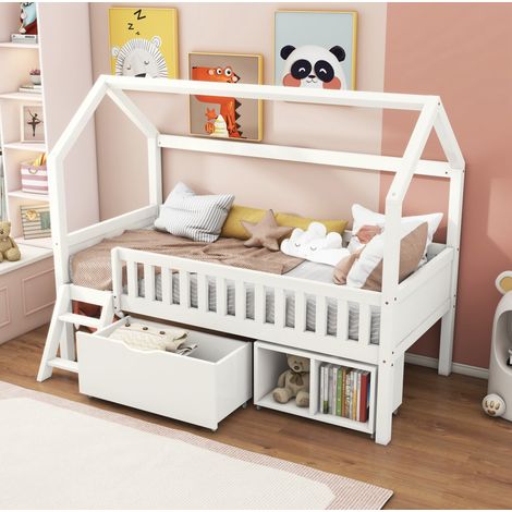 letto contenitore 90x200 casetta con scale legno bianco HAVRYA (1/5)