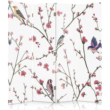 Paravent Oiseaux et Fleurs pour une Déco Zen et Nature - 145 x 150 cm - 2 faces R° V°