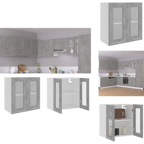 Armoire en verre suspendue Gris béton Bois d'ingénierie - Armoire Suspendu - Meuble De Cuisine - Rangement Cuisine - Armoire Verre - Gris Beton (1/5)