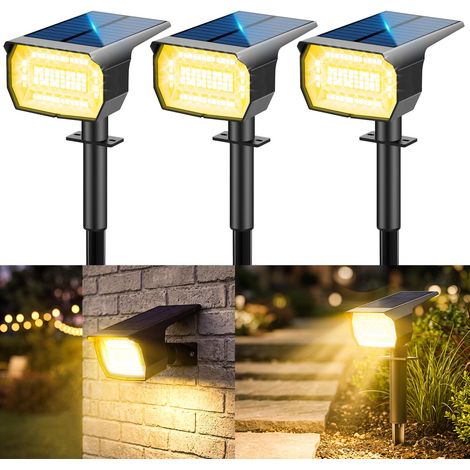 Spot Solaire Exterieur [3 Pack/72LED], 3 Modes IP67 Étanche Lampes Solaires Exterieures Jardin, 3000K Fonction 2 en 1 Spot Exterieur Pour Cour, Clôture, Chemin, Allée, Porche, Jardin, etc. (1/5)