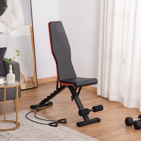 Panca Multifunzione 2 in 1 con Inclinazione Regolabile, Panca per Addominali e Pesi Imbottita con Corde Elastiche per Casa e Palestra, Nero