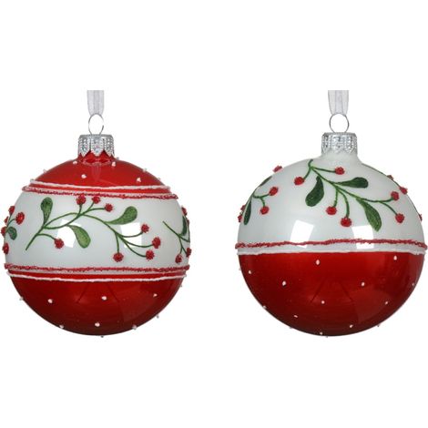 Palline per albero di Natale in vetro decorate rosso e bianco con vischio, 6 pezzi