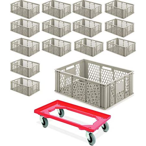BRB 15x Eurobehälter durchbrochen 600x400x220 mm, 42,5 Liter, kieselgrau + 1 Transportroller mit Flüsterrollen