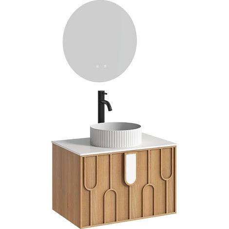 Mobile bagno testurizzato sospeso con lavabo da appoggio rotondo scanalato, rubinetto e specchio Naturale chiaro L75 cm - MERKAN (1/5)