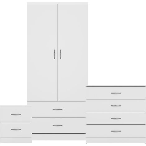 Riano 3 Piece Bedroom Set (2 Drw Bedside Chest, 4 Drw Chest, 2 Dr 2 Drw Wardrobe), White (1/3)