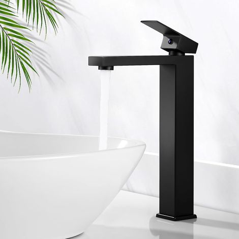 Grifo de baño negro, grifo mezclador para lavabo alto, grifo monomando para baño con agua caliente y fría, grifo moderno para lavabo sobre encimera, con tuberías de agua caliente y fría. (1/5)