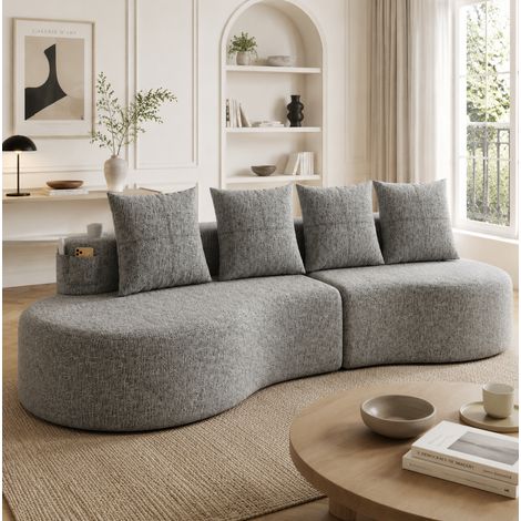 Divano in lino grigio chiaro 240 cm con portabicchieri, tasche laterali e 4 cuscini