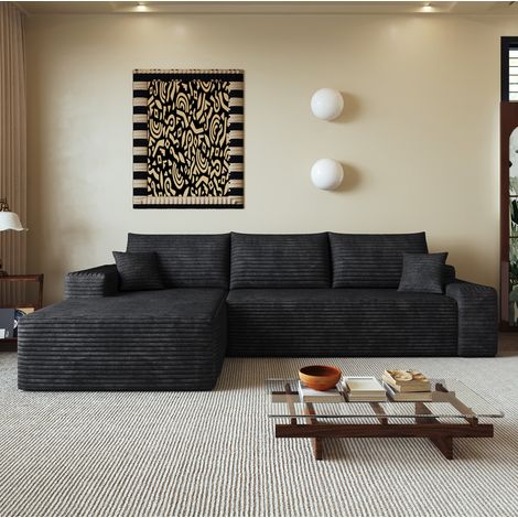 Sofá esquinero modular con chaise longue reversible, pana, asiento profundo, no requiere montaje - negro (1/5)