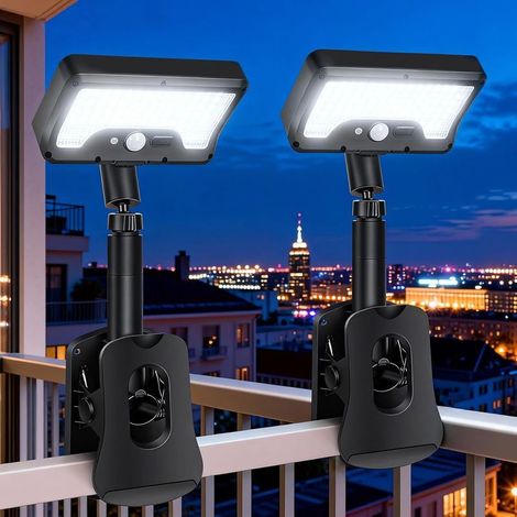 Lot de 2 lampes solaires à pince pour usage extérieur avec détecteurs de mouvement, lumière blanche, LED, IP65, idéales pour les jardins, terrasses et balcons. (1/5)