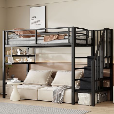 Lit mezzanine enfant 90/200 cm noir en métal avec étagères et échelle de rangement (1/5)