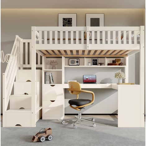 Letto a soppalco 90x200 cm bianco con scala contenitore, scrivania ad angolo e cassetto DESVIAE (1/5)