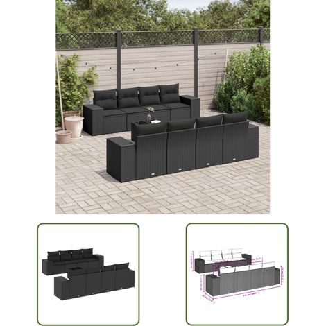 The Living Store 9-tlg. Garten-Sofagarnitur mit Kissen Schwarz Poly Rattan - Gartenmöbel Set - Gartensorte - Outdoor Möbel - Lounge Set - Esstisch