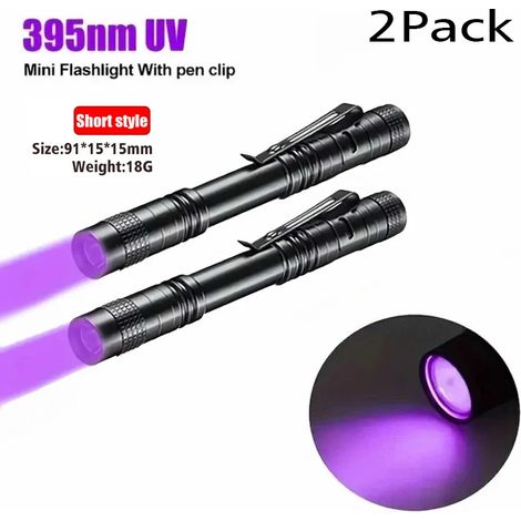 Lampe torche UV 395 nm avec clip stylo, fonctionne avec des piles AAA portables, émet une lumière violette, détecte l'urine animale et de scorpion, UVShort-2PCS (1/5)