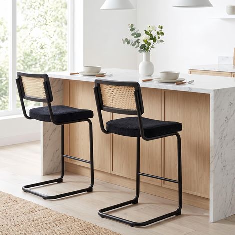 Lot de 2 Tabourets de Bar Design Mid-Century - Chaises de Bar en Chenille et Cannage Pieds Métal Noir Confortables - pour Cuisine Scandinave Noir (1/5)