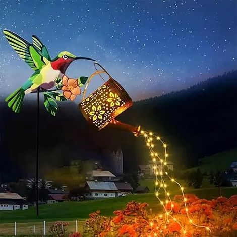 Lumière bouilloire d'eau d'oiseau alimentée par le soleil, Jardin décoratif fer art mignon bouilloire d'eau d'oiseau lampe chaude,Lumière LED sans fil au crépuscule à l'aube imperméable. (1/5)