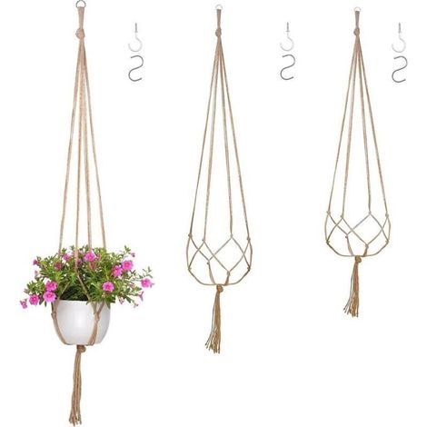 Ulisem Lot de 2suspensions en de 90 cm, 105 cm, avec crochet, en corde de jute, pot de fleurs à suspendre avec pompon, panier suspendu d'intérieur pour plantes d'intérieur