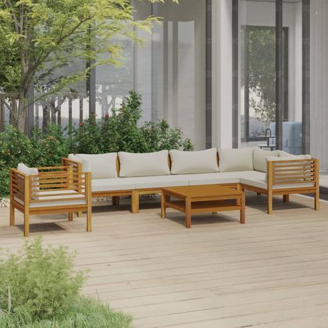 Salon de jardin 7 pcs,Mobilier de terrasse,Table et Chaise pour Relax avec coussin crème Bois d'acacia solide -YZ935691 (1/5)