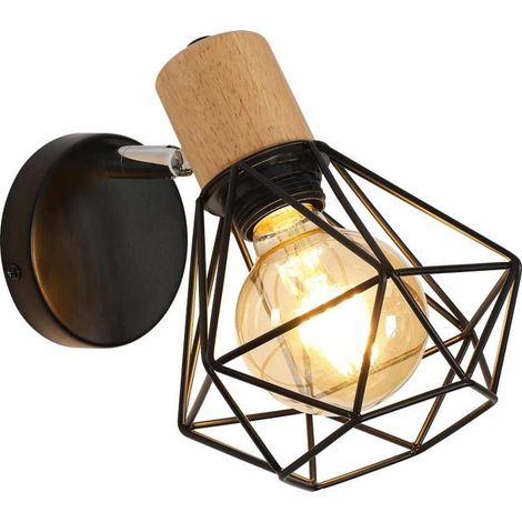 Applique murale en fer réglable 110-220V, sans source lumineuse, style industriel vintage en bois pivotant à 360°, cage métallique noire pour douille E27, luminaire décoratif pour chambre à coucher, c (1/5)