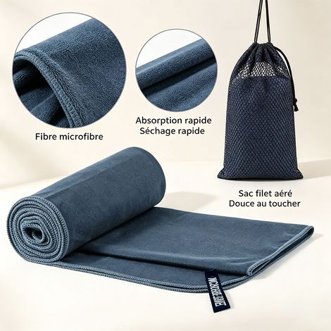 Serviette de bain en microfibre double face velours, séchage rapide, ultra absorbante, serviette de sport et de plage compacte - Bleu marine (1/5)