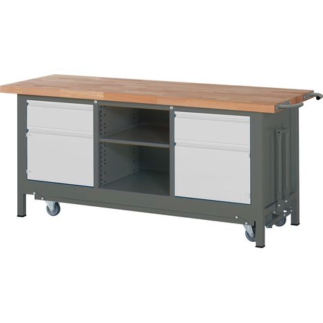 STIER Werkbank Premium mit abs. Fahrgestell, 2 Schubladen und 2 Flügeltüren BxTxH 2000x700x880mm (1/5)