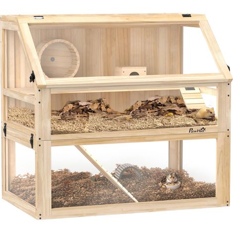Cage à trois niveaux pour hamsters/rongeurs avec une base amovible de 31 cm de profondeur et une cage suspendue, dimensions 80x50x76cm, finition grain de bois naturel. (1/5)
