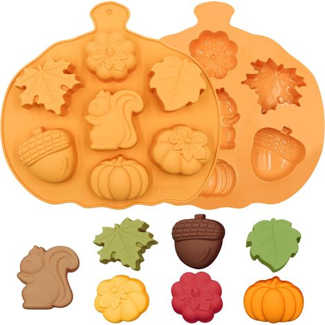 Lot de 2 moules silicone automne et Thanksgiving à motifs écureuil, citrouille, feuille d’érable, gland, moules réutilisables pour chocolat, bonbons, biscuits, savon, bougies et créations artisanales